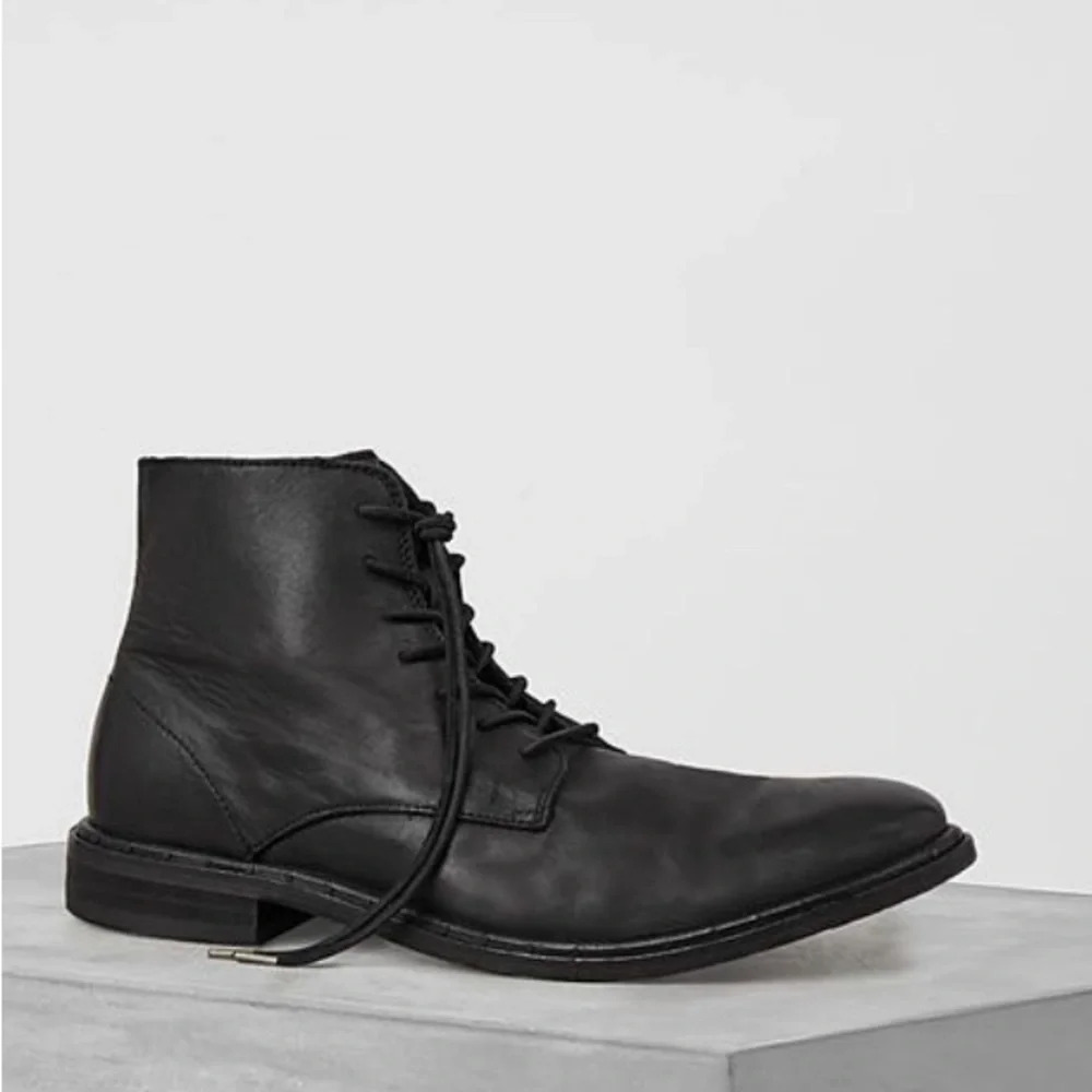 AllSaints Boots Men’s 42 Snare Boot Black Leather Zip Up Back, Lace Up Front